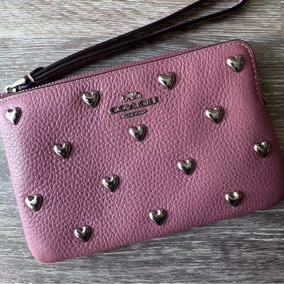 Coach Pink Heart-Studded Leather Wristlet - Picture 3 of 6
